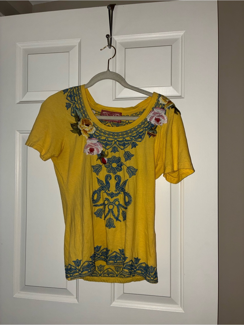 100% Cotton Johnny Was Yellow Embroidered Floral Scoop Neck Women's Top Sz M - Picture 3 of 8